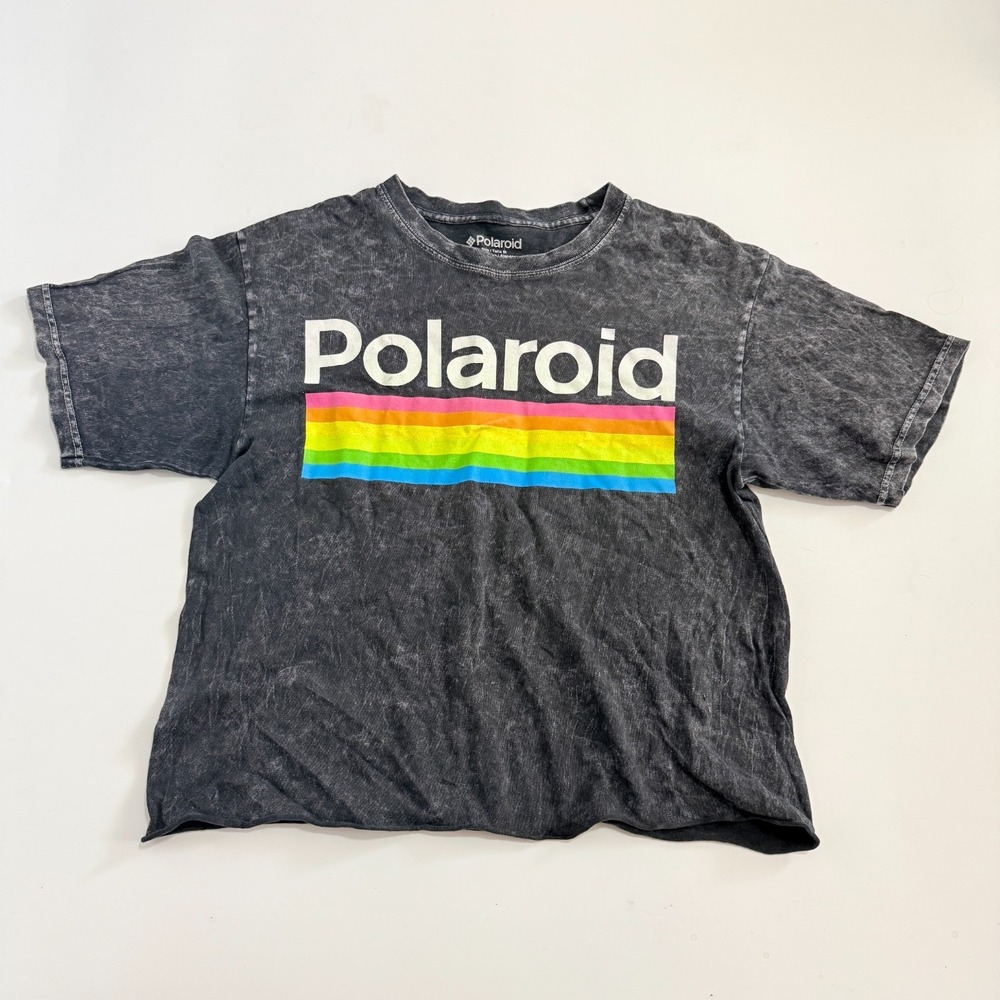 Polaroid Cropped T-Shirt S/S Acid Washed Distressed Back Charcoal Gray Sz M‎ - Picture 2 of 7